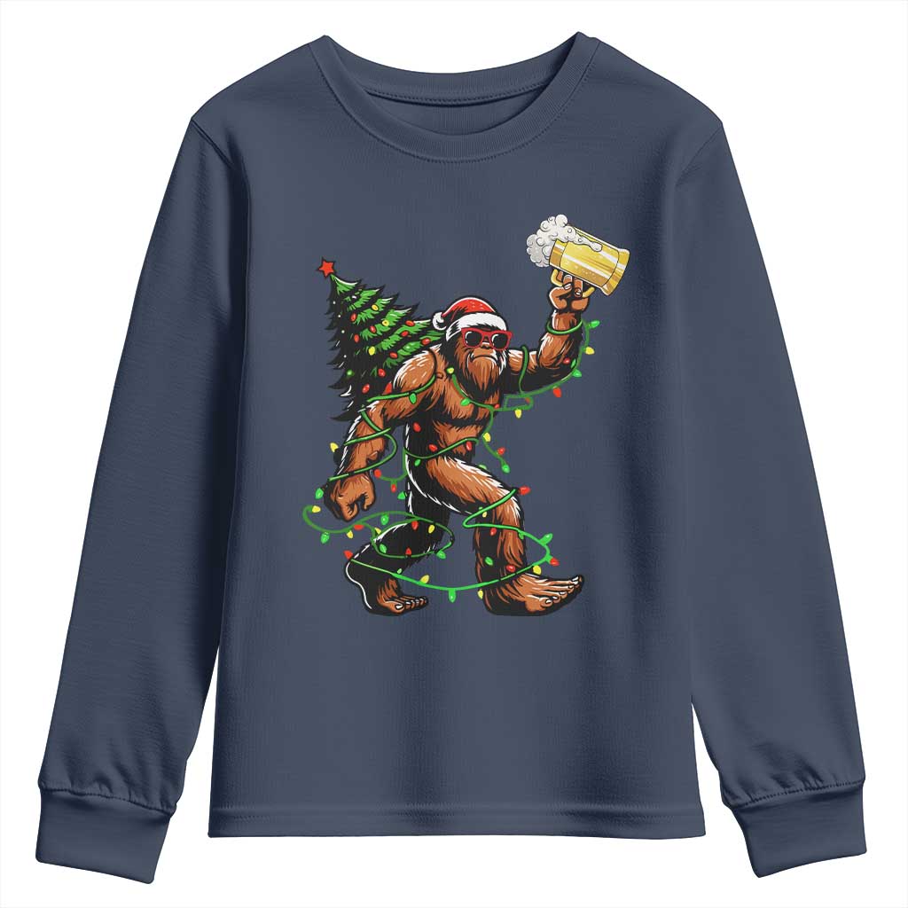 Santa Bigfoot Christmas Tree Youth Sweatshirt Xmas Lights Funny Sasquatch Beer TS10 Navy Print Your Wear