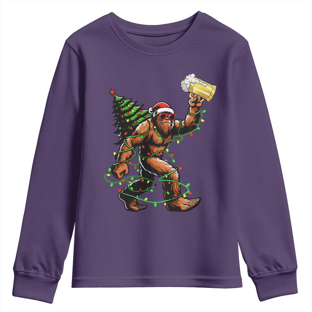 Santa Bigfoot Christmas Tree Youth Sweatshirt Xmas Lights Funny Sasquatch Beer TS10 Purple Print Your Wear