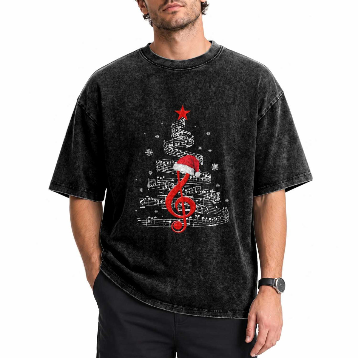 Christmas Tree Music Washed Cotton T-Shirt Musician Music Lover Gift