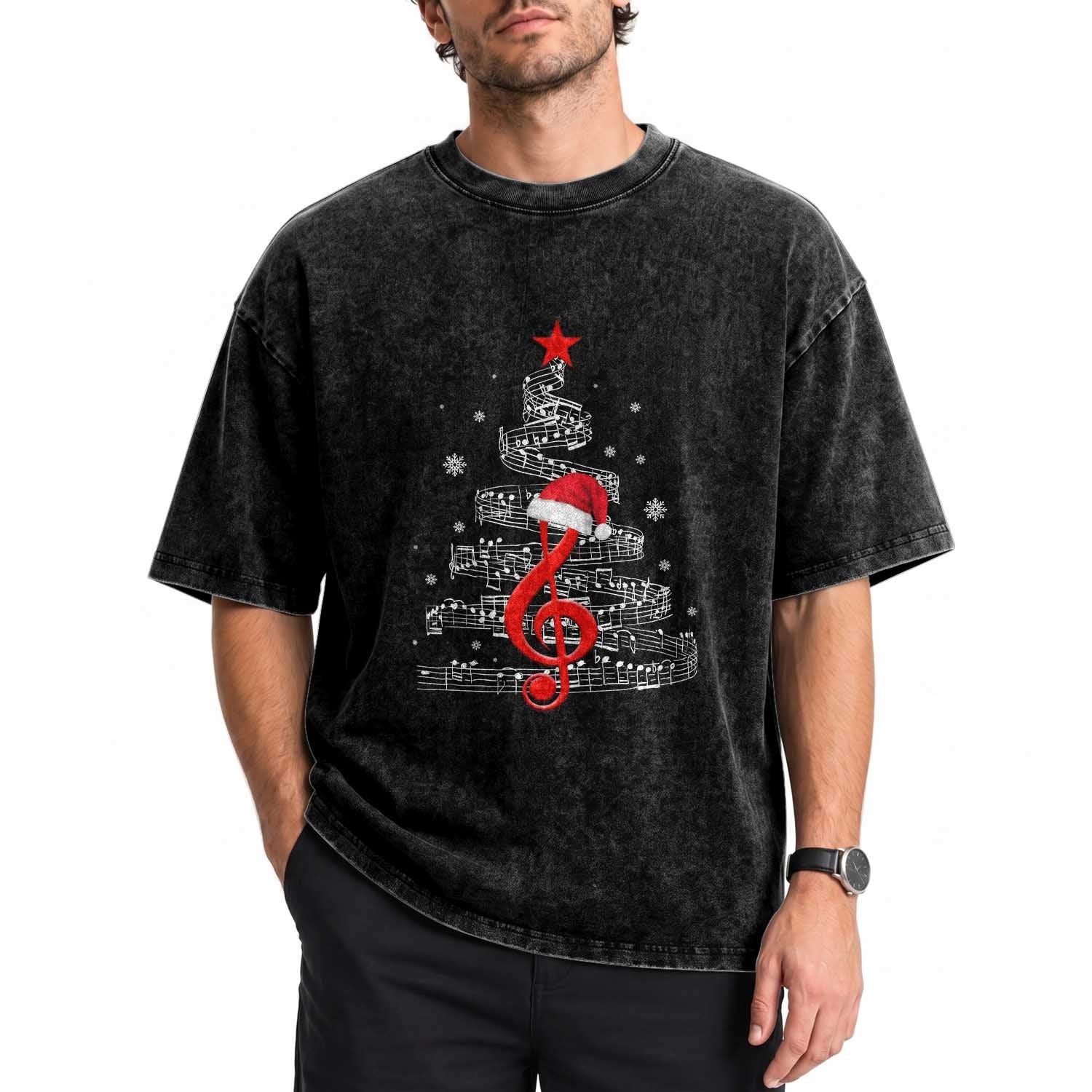 Christmas Tree Music Washed Cotton T-Shirt Musician Music Lover Gift