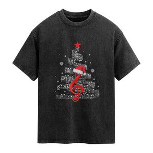Christmas Tree Music Washed Cotton T-Shirt Musician Music Lover Gift