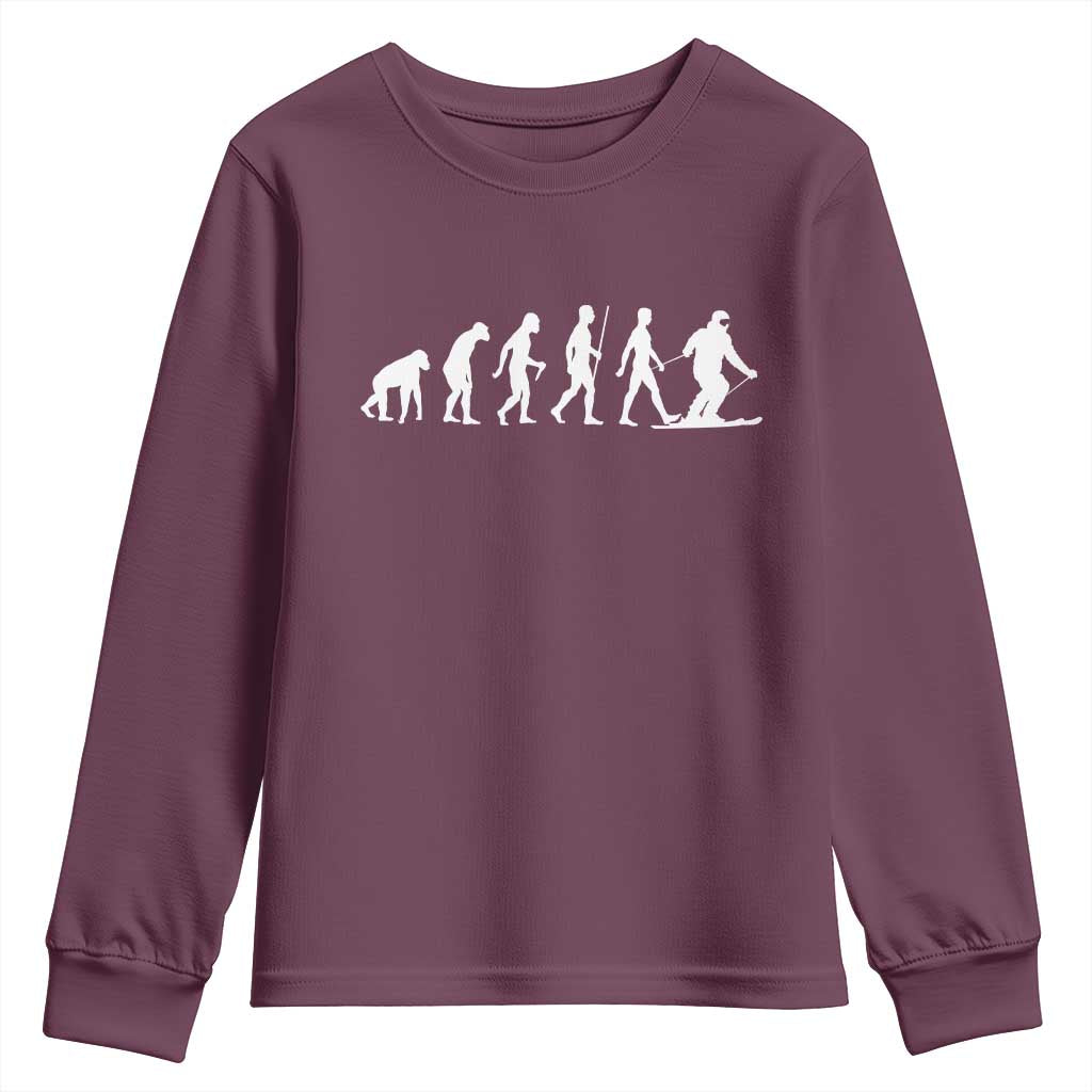 Ski Evolution Youth Sweatshirt Funny Skiing Lover Skiers TS10 Maroon Print Your Wear