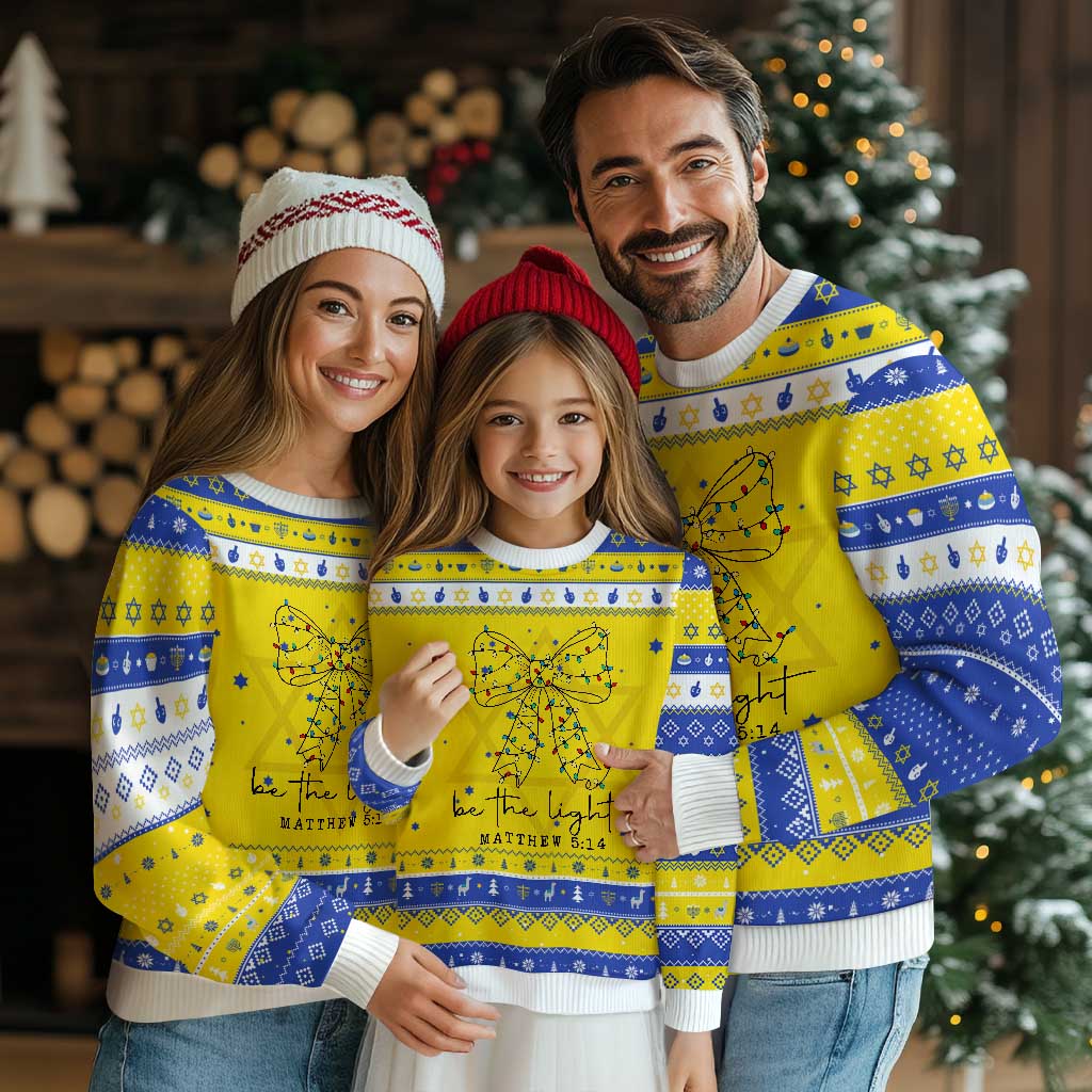 Be The Light Christmas Coquette Bow Hanukkah Ugly Sweater Christian Religious Bible Verse TS10 Gold Royal Blue Print Your Wear