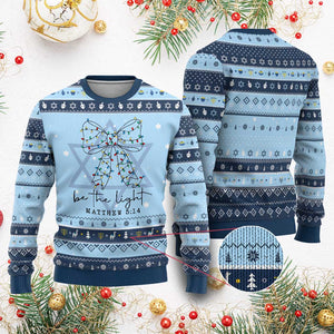 Be The Light Christmas Coquette Bow Hanukkah Ugly Sweater Christian Religious Bible Verse TS10 Light Blue Navy Print Your Wear