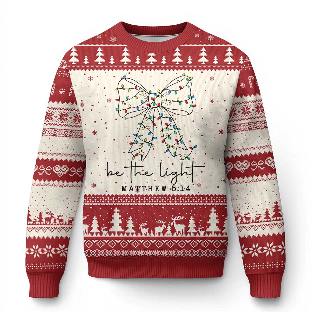 Be The Light Xmas Coquette Bow Ugly Christmas Sweater Christian Religious Bible Verse TS10 Beige Red Print Your Wear
