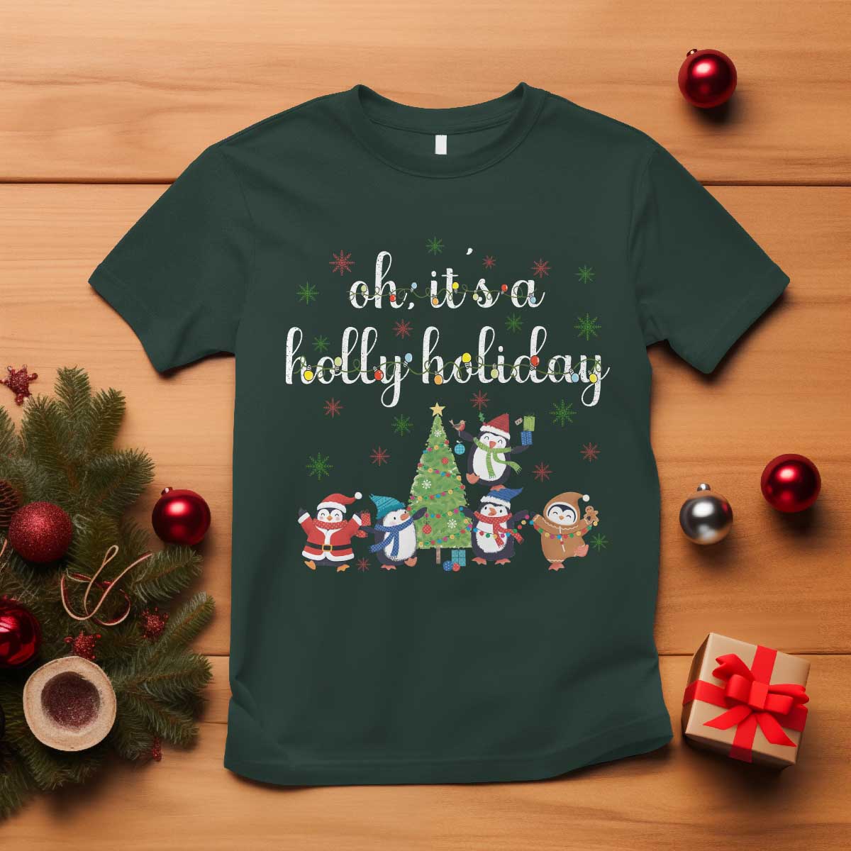 Penguins Christmas T Shirt Oh Its A Jolly Holiday Xmas Light TS10 Dark Forest Green Print Your Wear