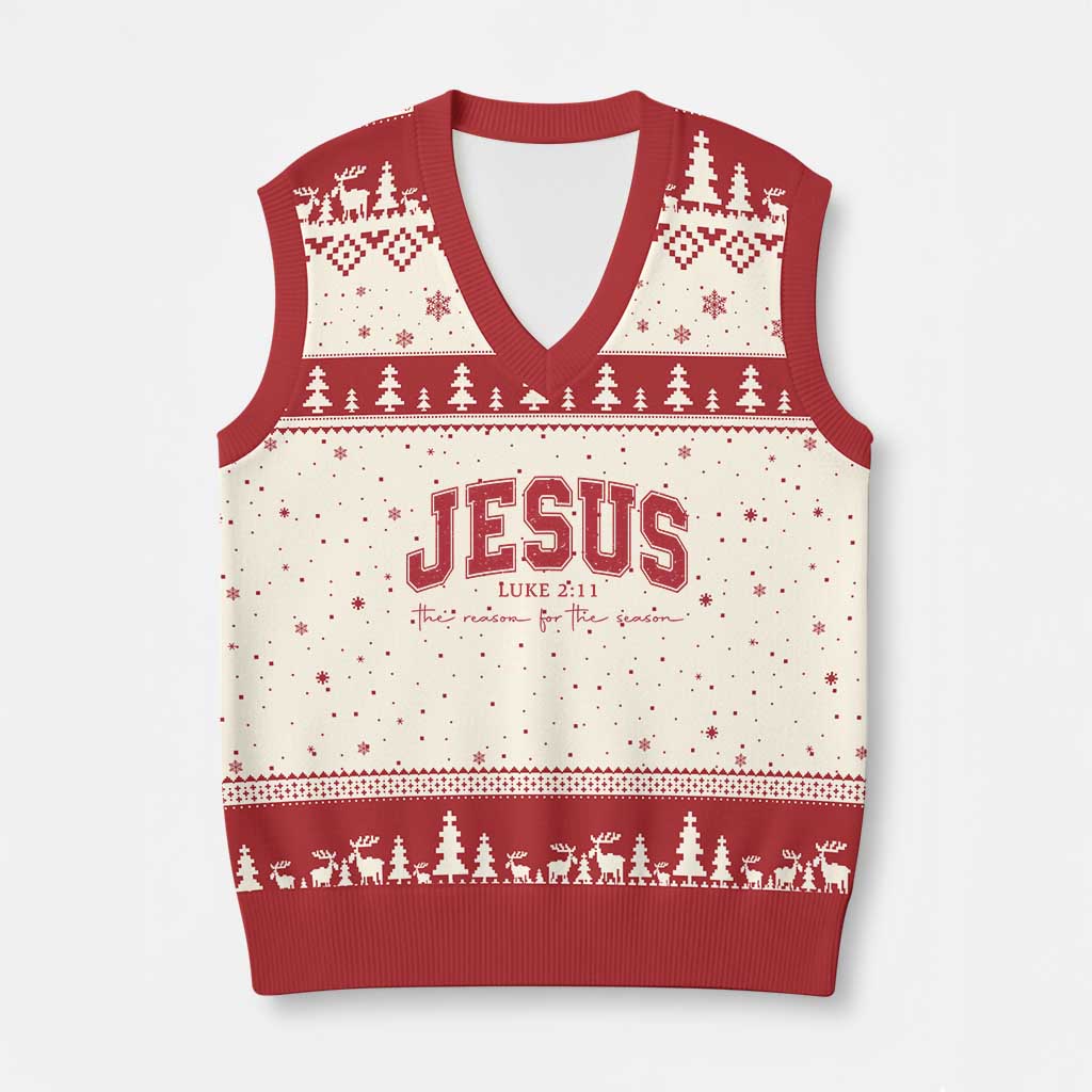 Jesus is the Reason Xmas V-Neck Knit Sweater Vest Christian Varsity TS10 Beige Red Print Your Wear