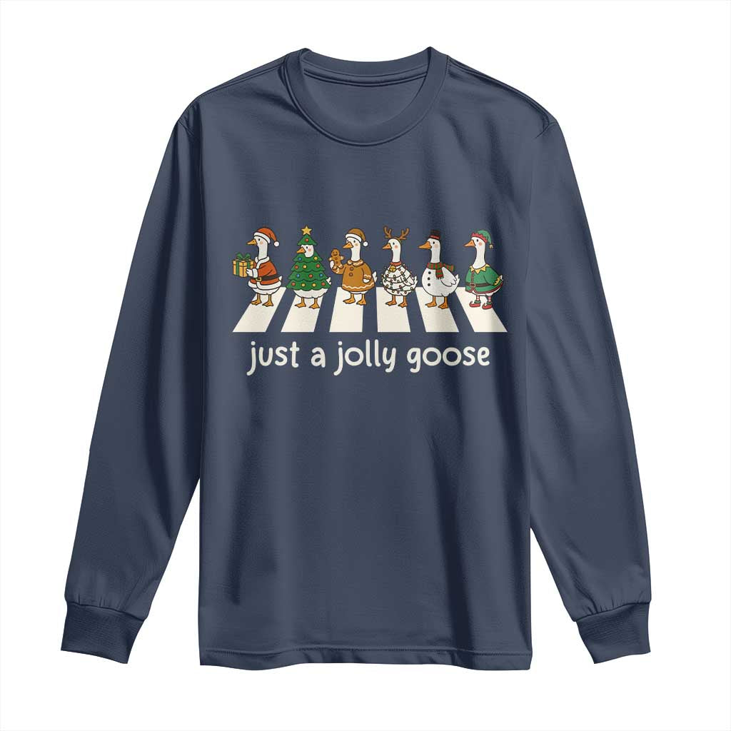 Just A Jolly Goose Long Sleeve Shirt Funny Christmas Duck Meme TS10 Navy Print Your Wear