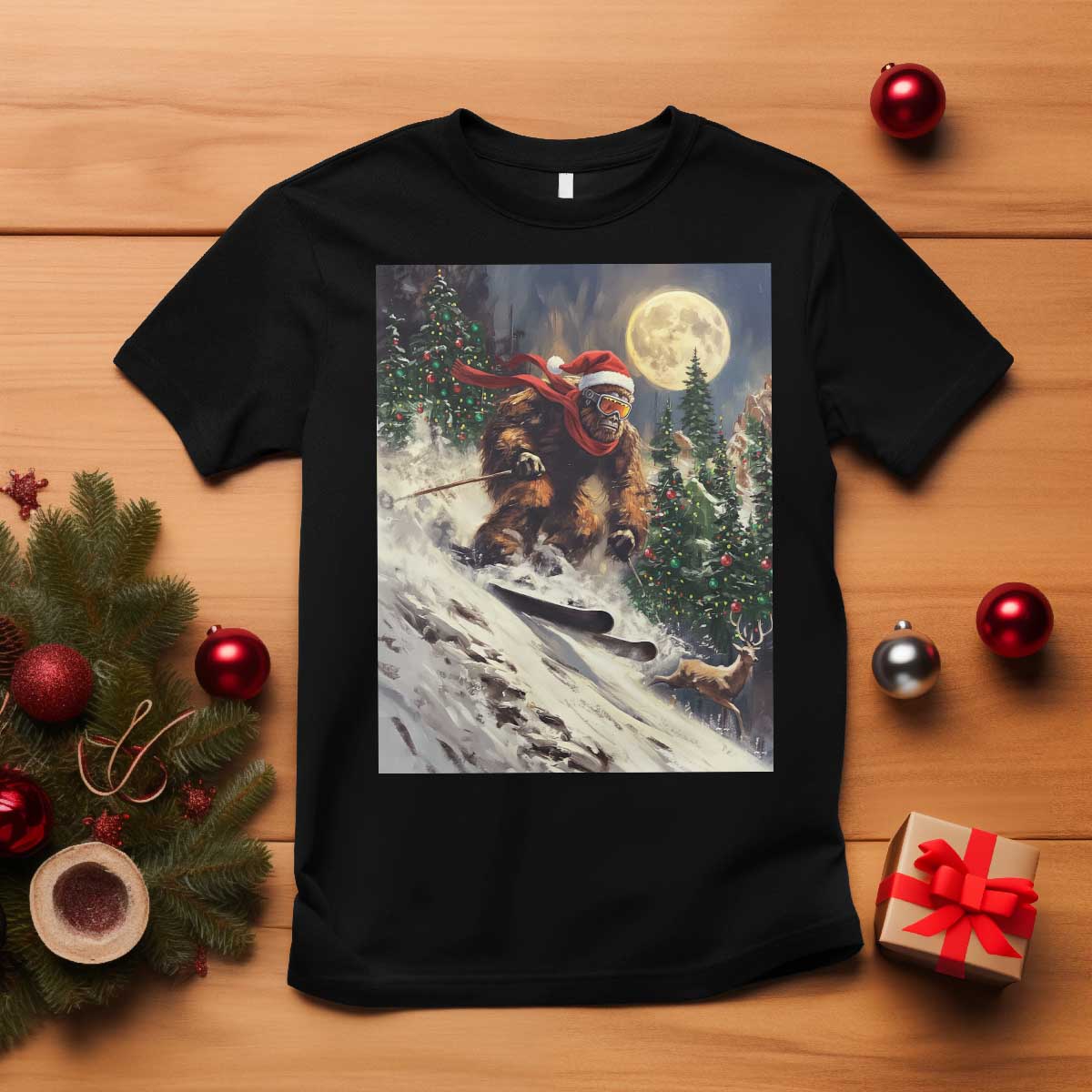 Christmas Bigfoot Skiing T Shirt Funny Santa Sasquatch Snowboard Ski Lover Skier TS10 Black Print Your Wear