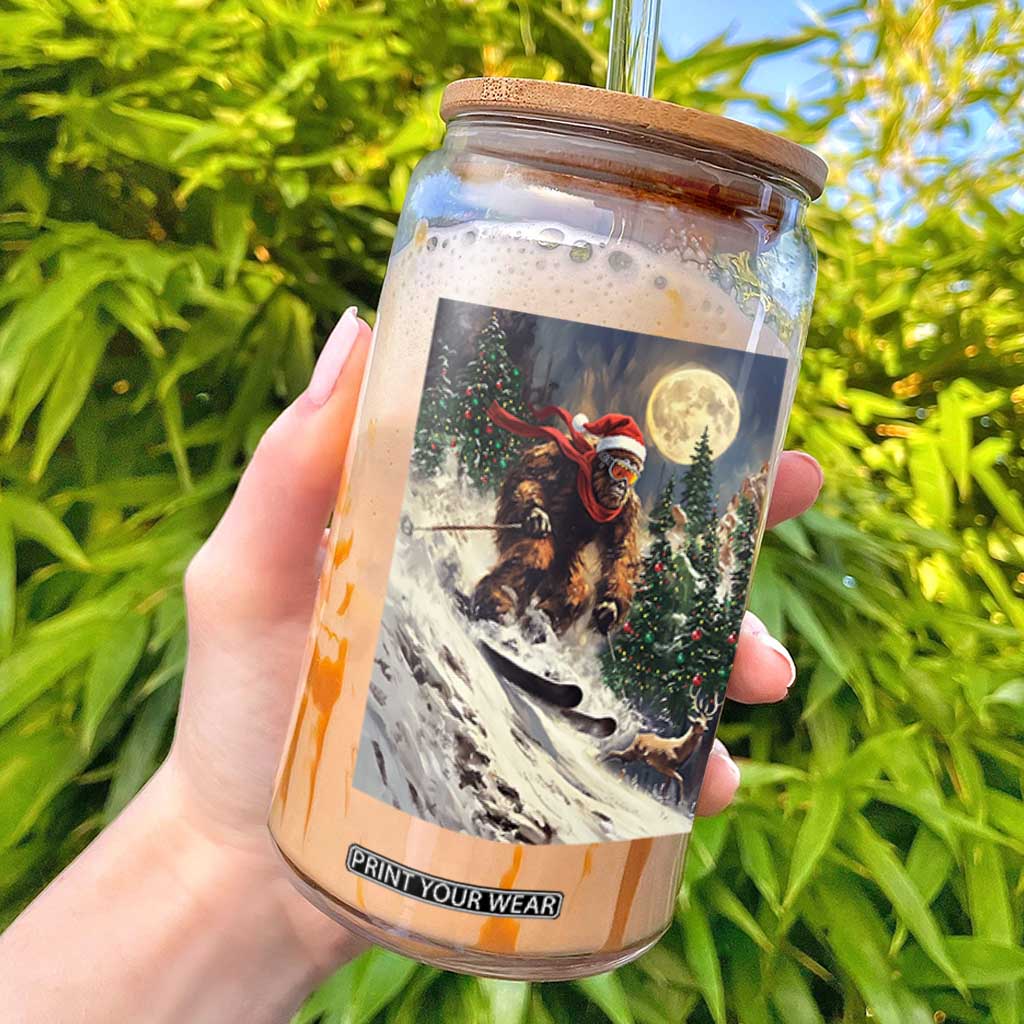 Christmas Bigfoot Skiing Glass Can Funny Santa Sasquatch Snowboard Ski Lover Skier TS10 Black Print Your Wear