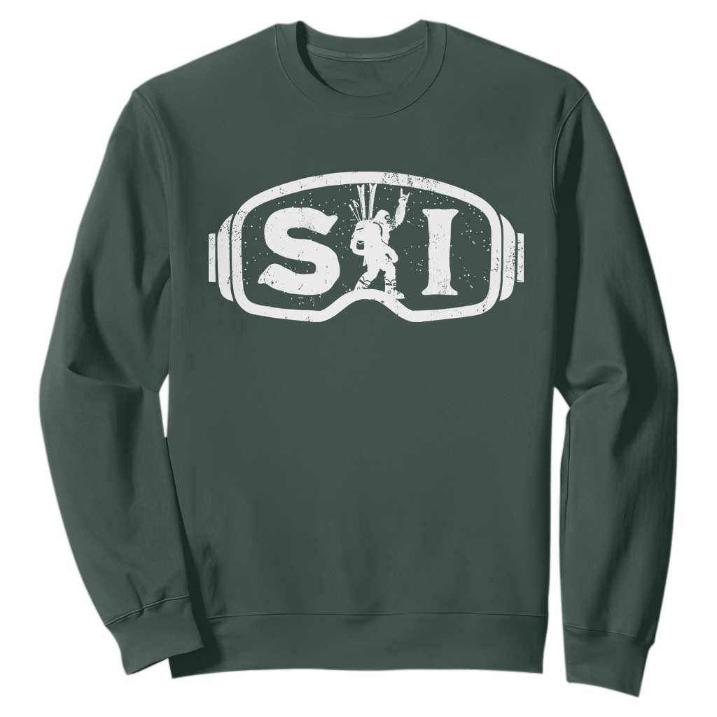 Bigfoot Skiing Sweatshirt Sasquatch Goggles Skiing Snow Ski Lover Skier TS10 Dark Forest Green Print Your Wear