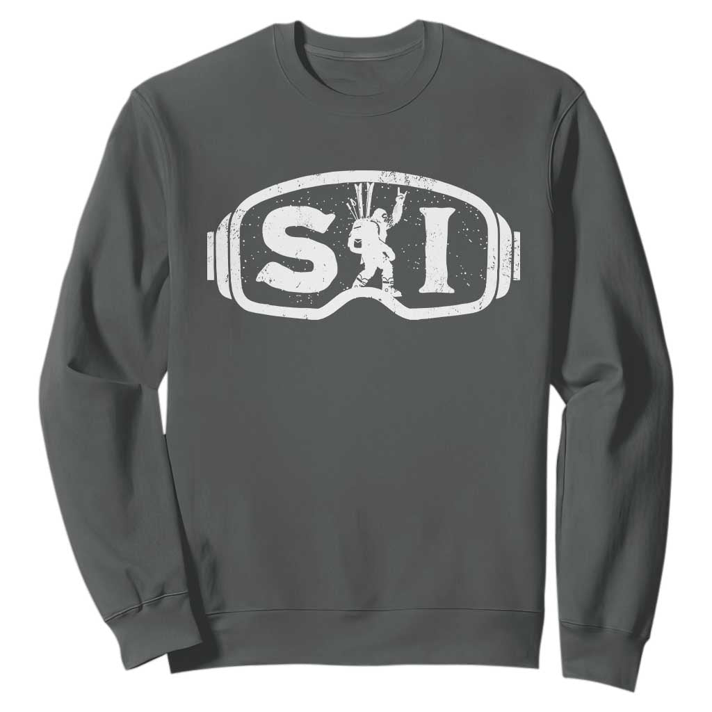 Bigfoot Skiing Sweatshirt Sasquatch Goggles Skiing Snow Ski Lover Skier TS10 Dark Heather Print Your Wear
