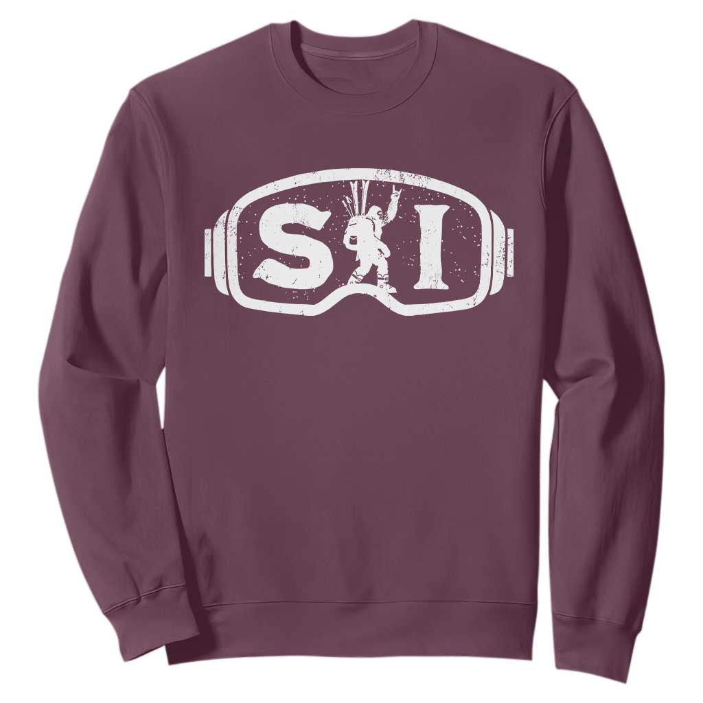Bigfoot Skiing Sweatshirt Sasquatch Goggles Skiing Snow Ski Lover Skier TS10 Maroon Print Your Wear