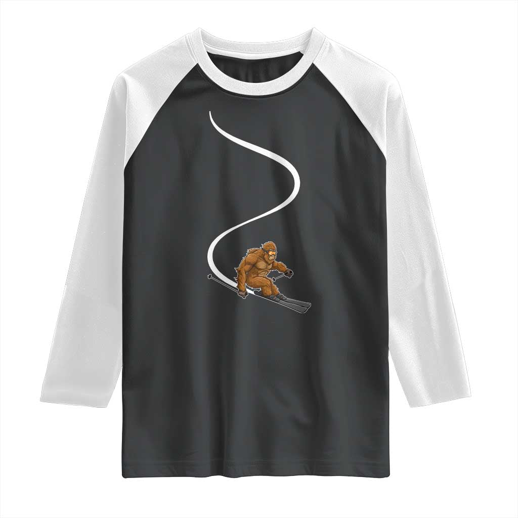 Bigfoot Skiing Raglan Shirt Funny Sasquatch Ski Lover Mountain Skier Winter Sports TS10 Black White Print Your Wear