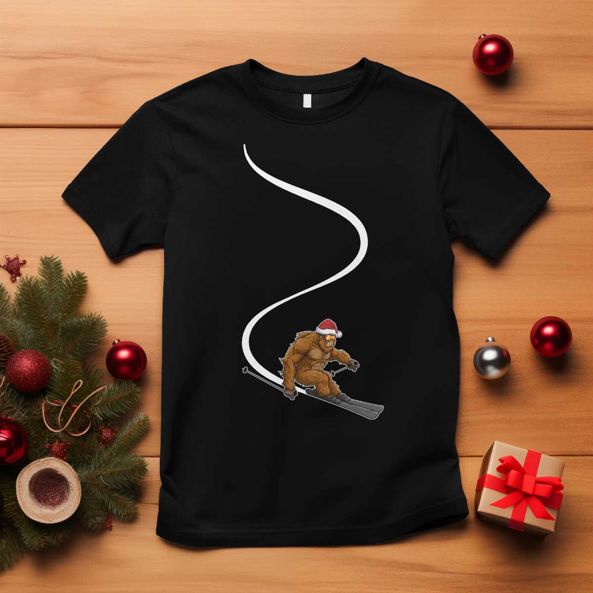 Christmas Bigfoot Skiing T Shirt Funny Santa Sasquatch Ski Lover Mountain Skier Winter Sports TS10 Black Print Your Wear