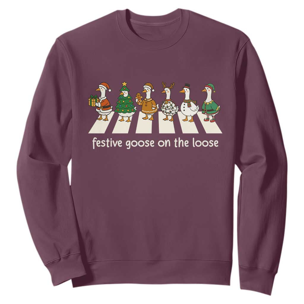 Funny Christmas Goose Sweatshirt Festive Goose On The Loose Xmas Meme TS10 Maroon Print Your Wear