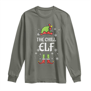 Funny Christmas Chill Guy Long Sleeve Shirt The Chill Elf Meme Xmas Family Match TS10 Military Green Print Your Wear