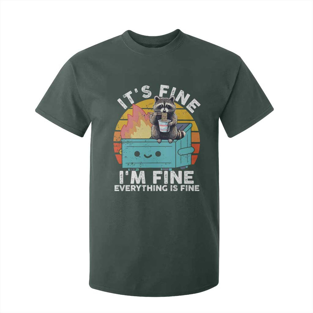 Funny Racoon T Shirt For Kid Eating Instant Noodle Cup Dumpster Fire Everything Is Fine Meme TS10 Dark Forest Green Print Your Wear