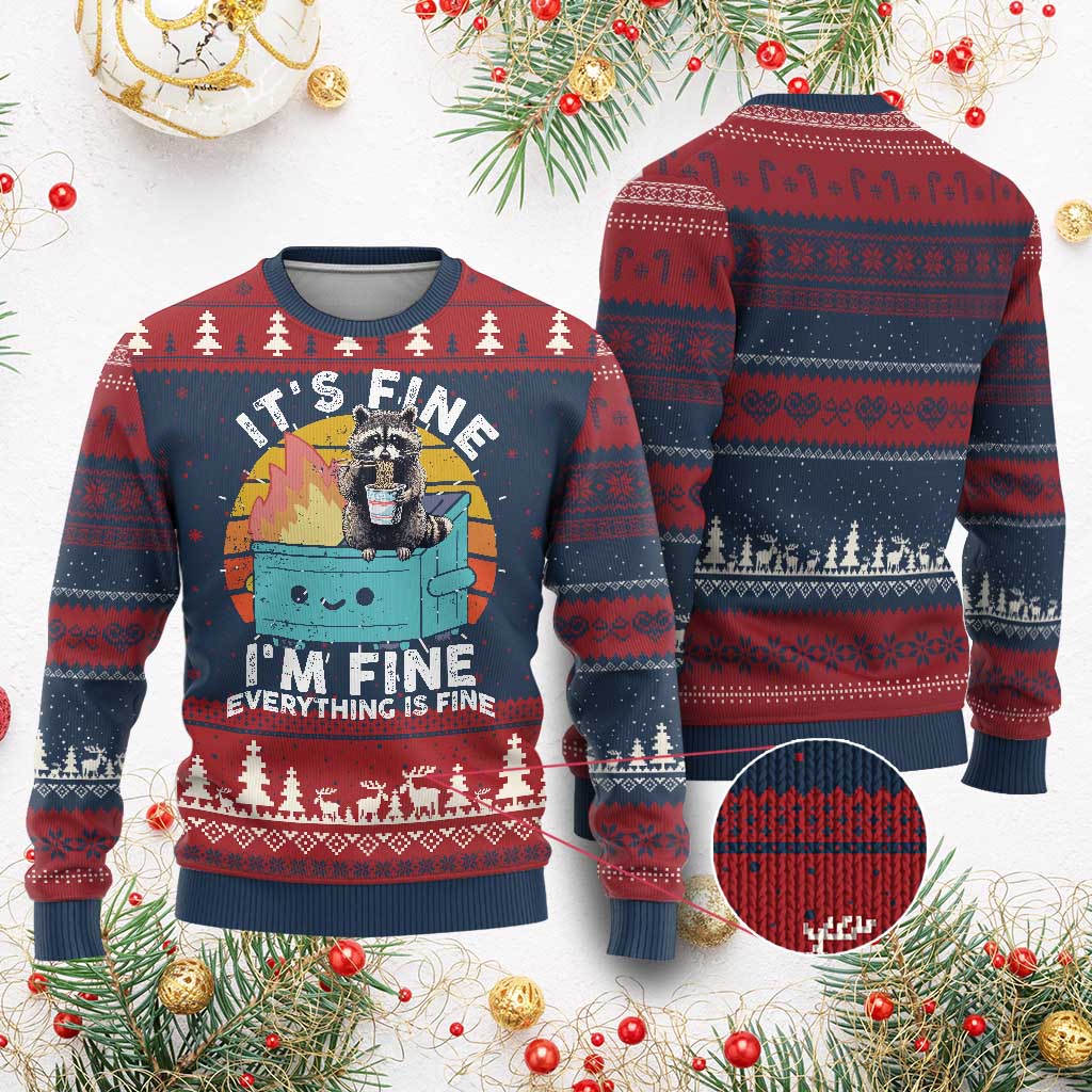 Funny Racoon Ugly Christmas Sweater Eating Instant Noodle Cup Dumpster Fire Everything Is Fine Meme TS10 Burgundy Print Your Wear