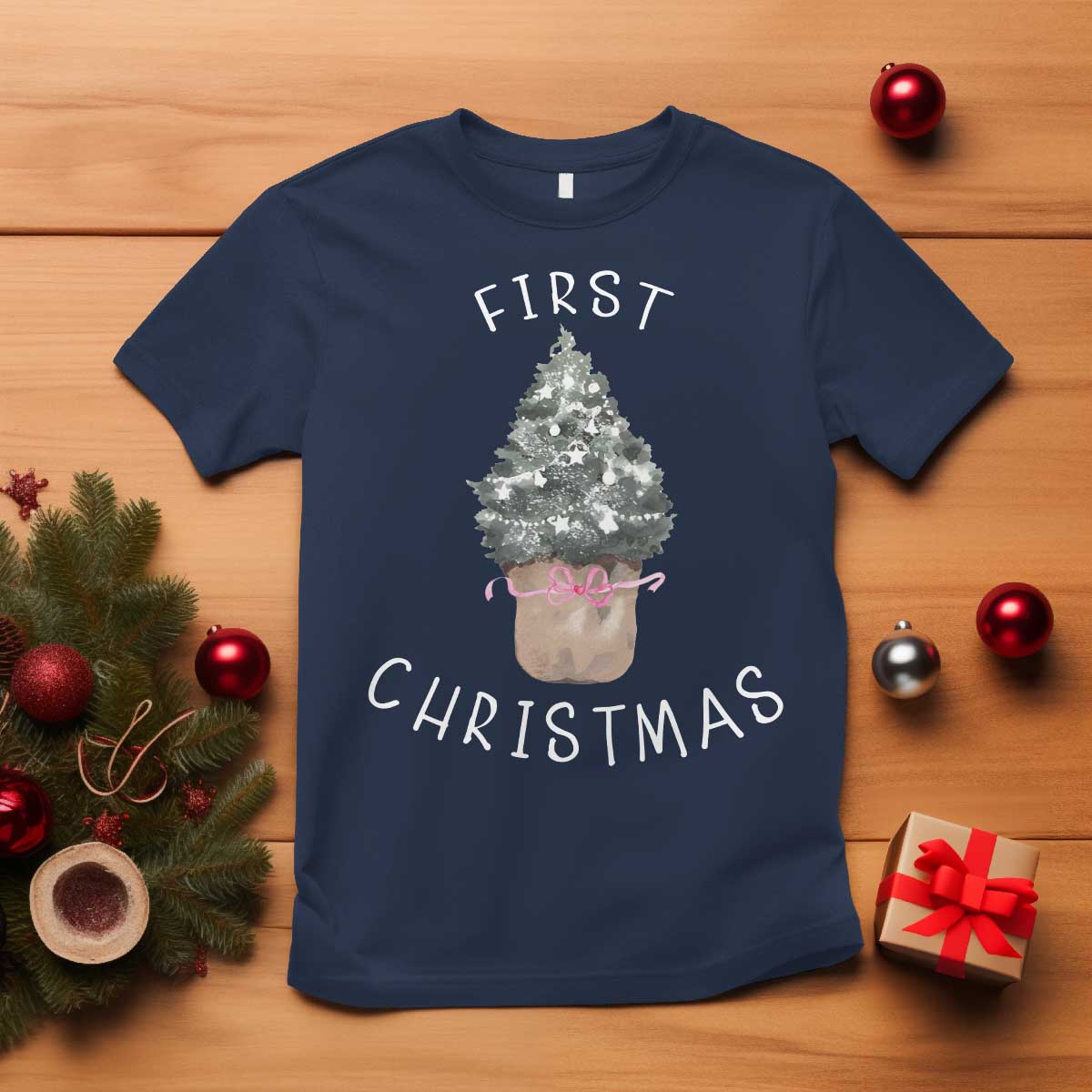 My First Christmas T Shirt Baby's First Holiday Xmas Tree Bow TS10 Navy Print Your Wear