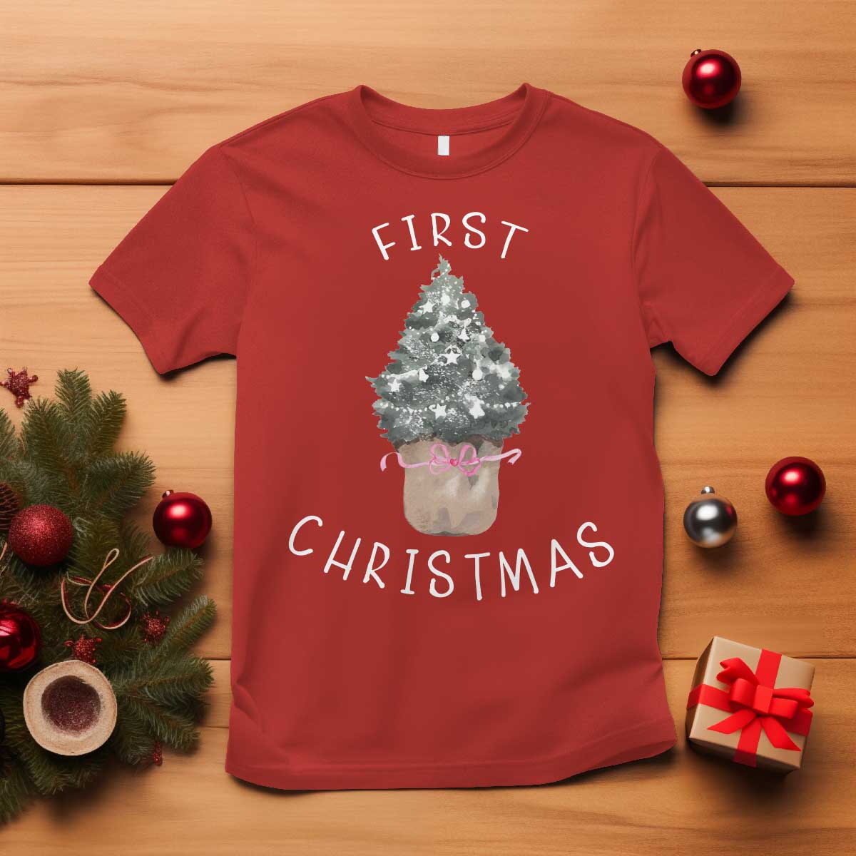 My First Christmas T Shirt Baby's First Holiday Xmas Tree Bow TS10 Red Print Your Wear