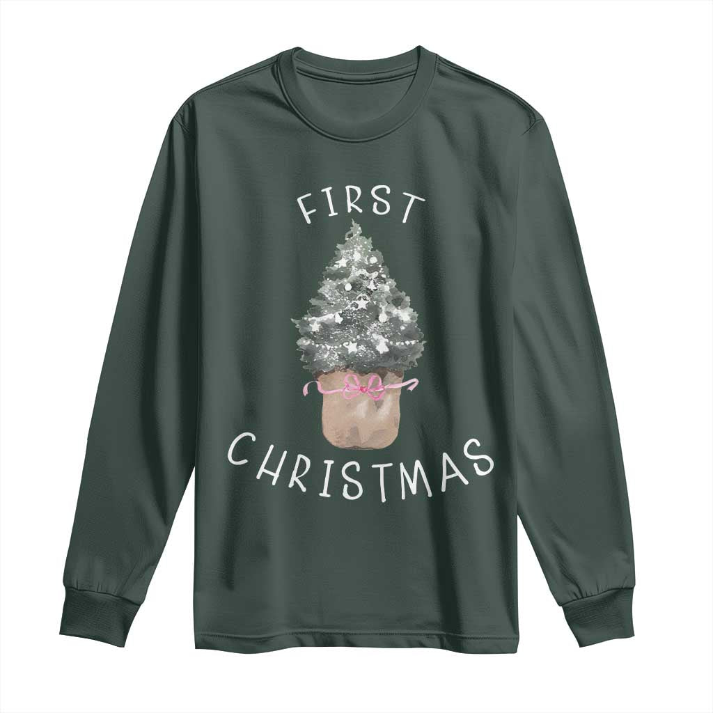 My First Christmas Long Sleeve Shirt Baby's First Holiday Xmas Tree Bow TS10 Dark Forest Green Print Your Wear