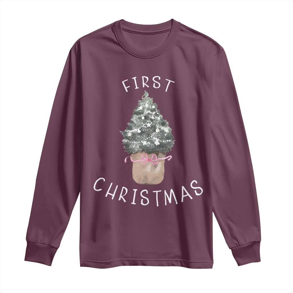 My First Christmas Long Sleeve Shirt Baby's First Holiday Xmas Tree Bow TS10 Maroon Print Your Wear