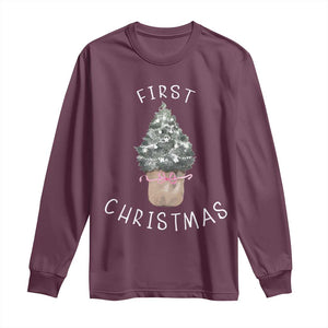 My First Christmas Long Sleeve Shirt Baby's First Holiday Xmas Tree Bow TS10 Maroon Print Your Wear