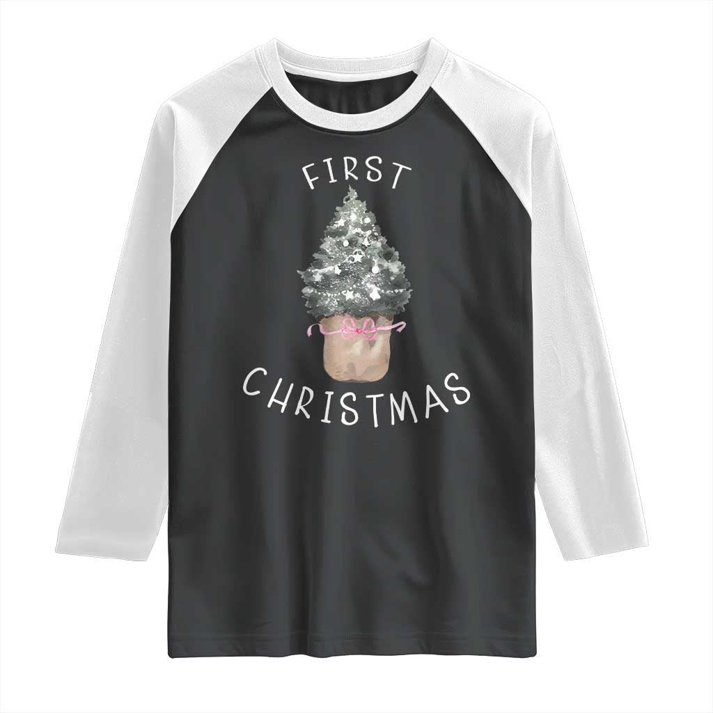 My First Christmas Raglan Shirt Baby's First Holiday Xmas Tree Bow TS10 Black White Print Your Wear