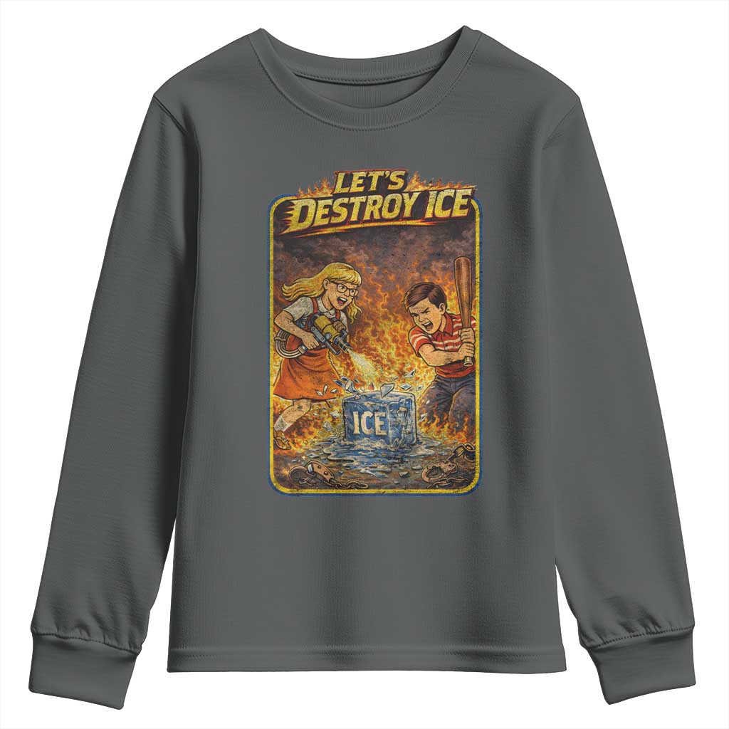 Subtle Abolish Ice Youth Sweatshirt Retro Protest Satirical Graphic Let's Destroy Ice TS10 Dark Heather Print Your Wear