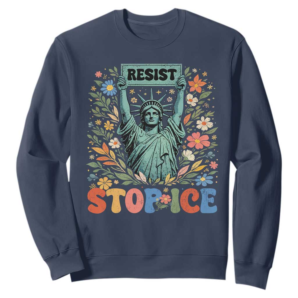 Stop ICE Sweatshirt Funny Statue of Liberty Boho Floral Resist Retro TS10 Navy Print Your Wear