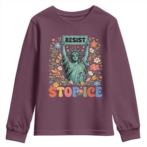 Stop ICE Youth Sweatshirt Funny Statue of Liberty Boho Floral Resist Retro TS10 Maroon Print Your Wear