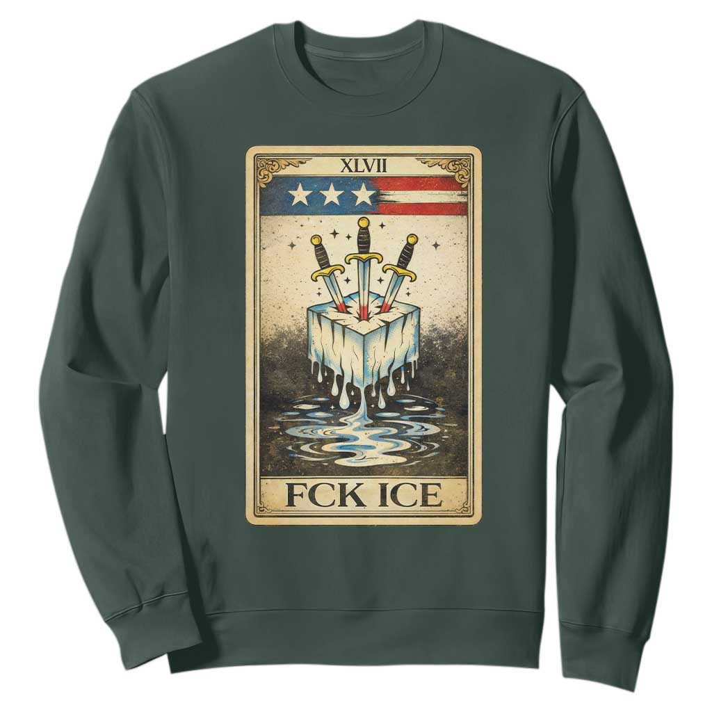 Fck Ice Sweatshirt Retro Tarot Card FDT Protest Satirical Graphic TS10 Dark Forest Green Print Your Wear