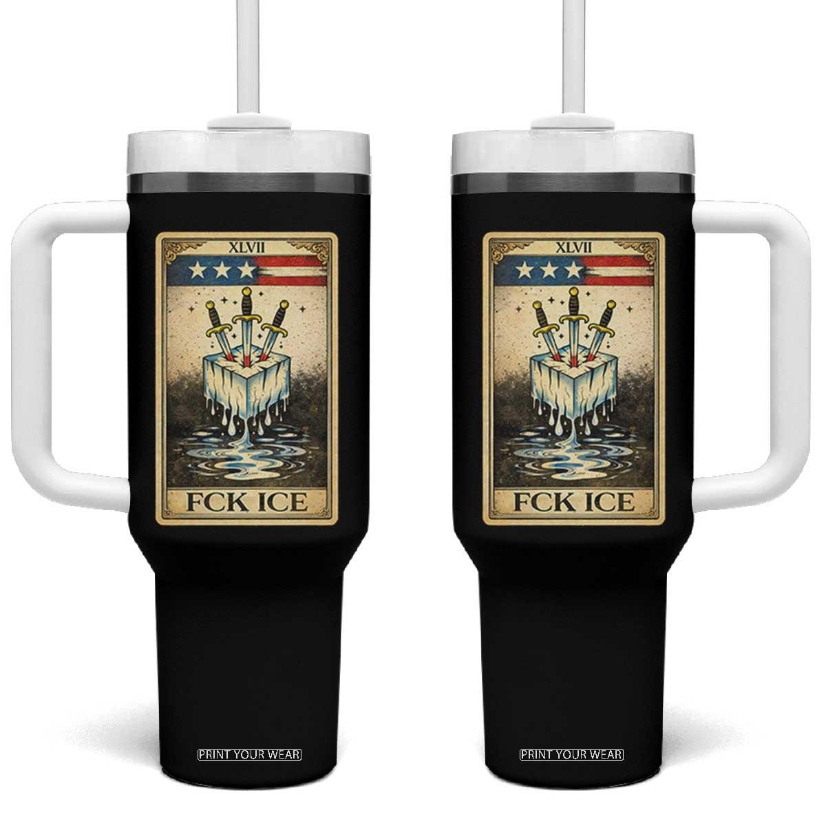 Fck Ice Tumbler With Handle Retro Tarot Card FDT Protest Satirical Graphic TS10 One Size: 40 oz Black Print Your Wear