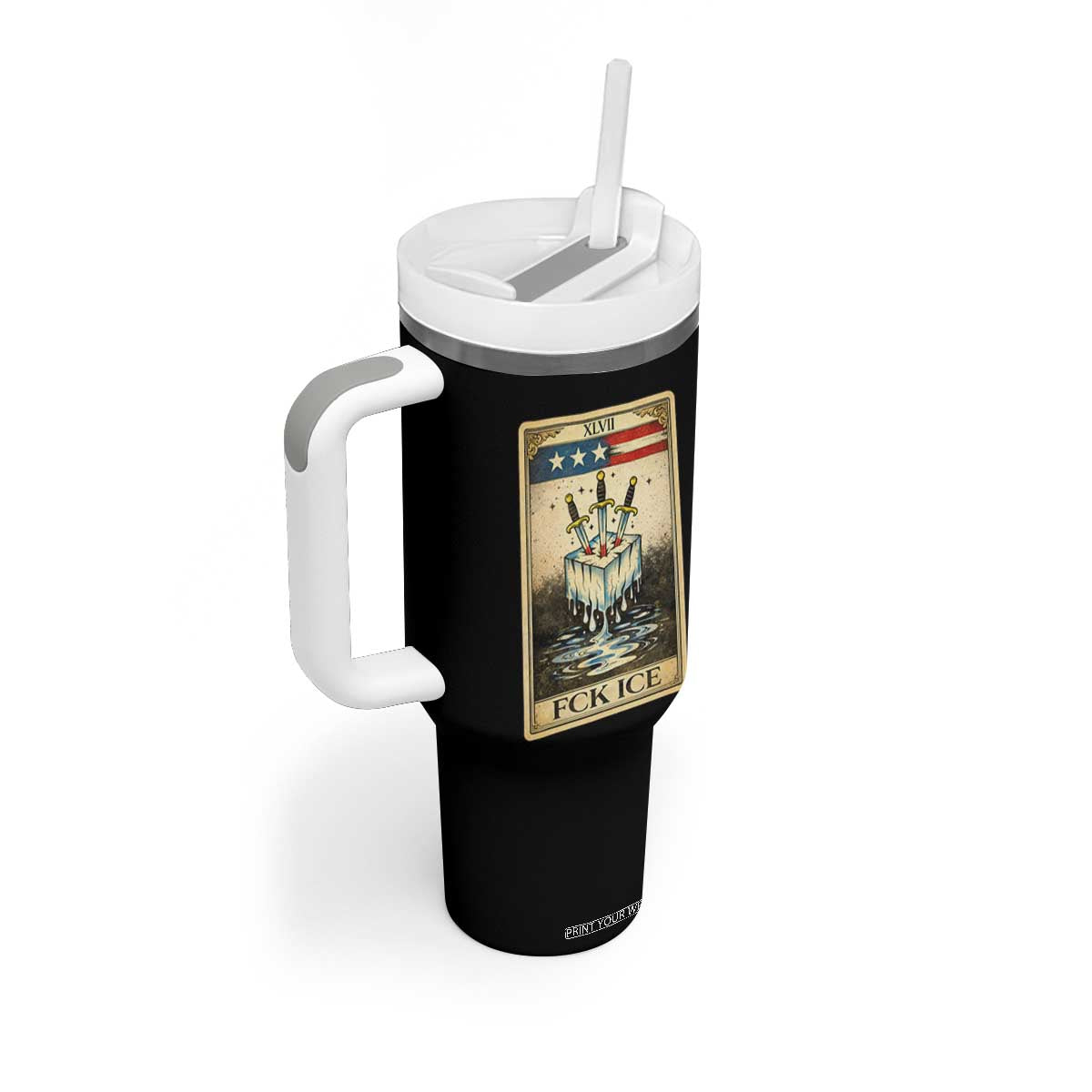 Fck Ice Tumbler With Handle Retro Tarot Card FDT Protest Satirical Graphic TS10 Print Your Wear
