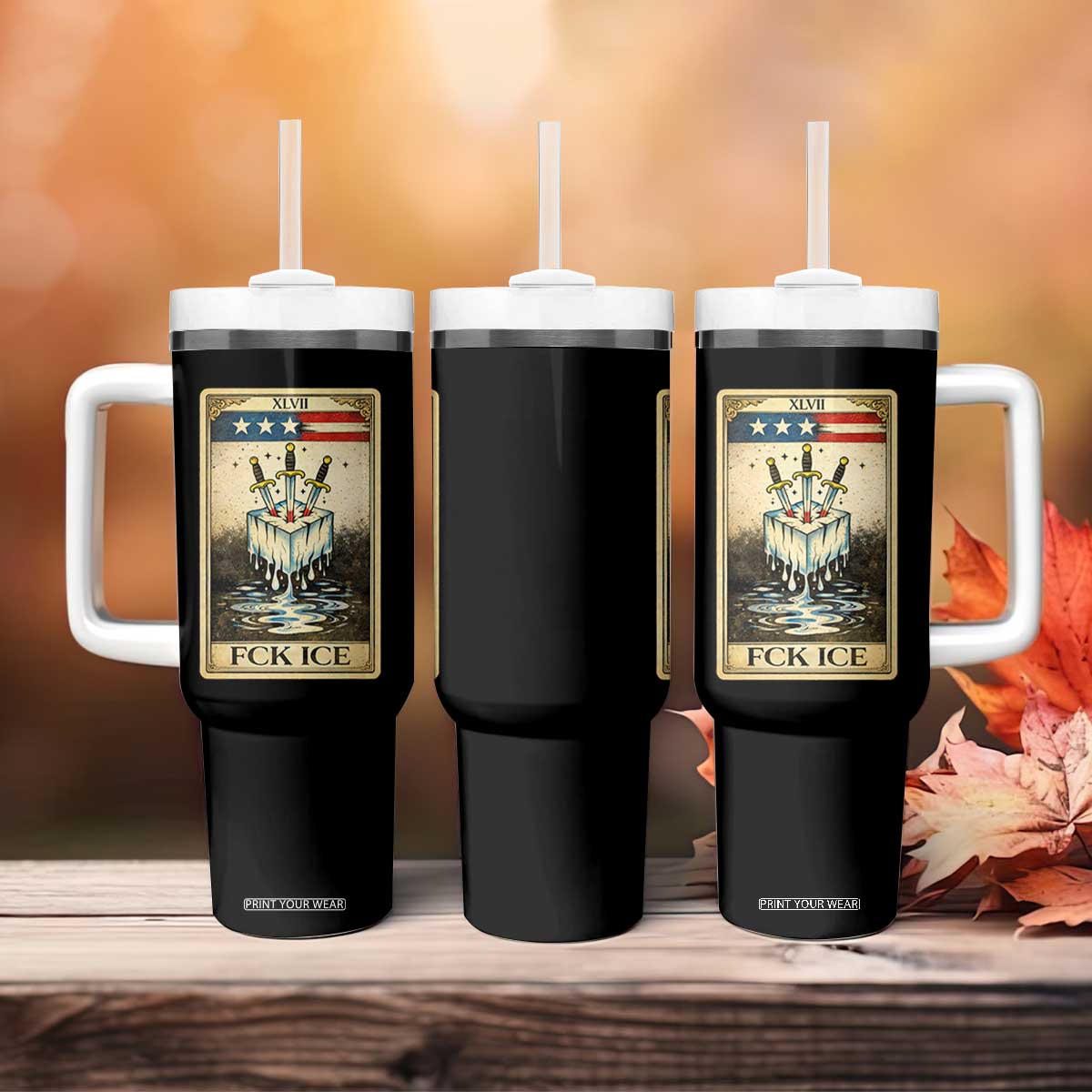 Fck Ice Tumbler With Handle Retro Tarot Card FDT Protest Satirical Graphic TS10 Print Your Wear