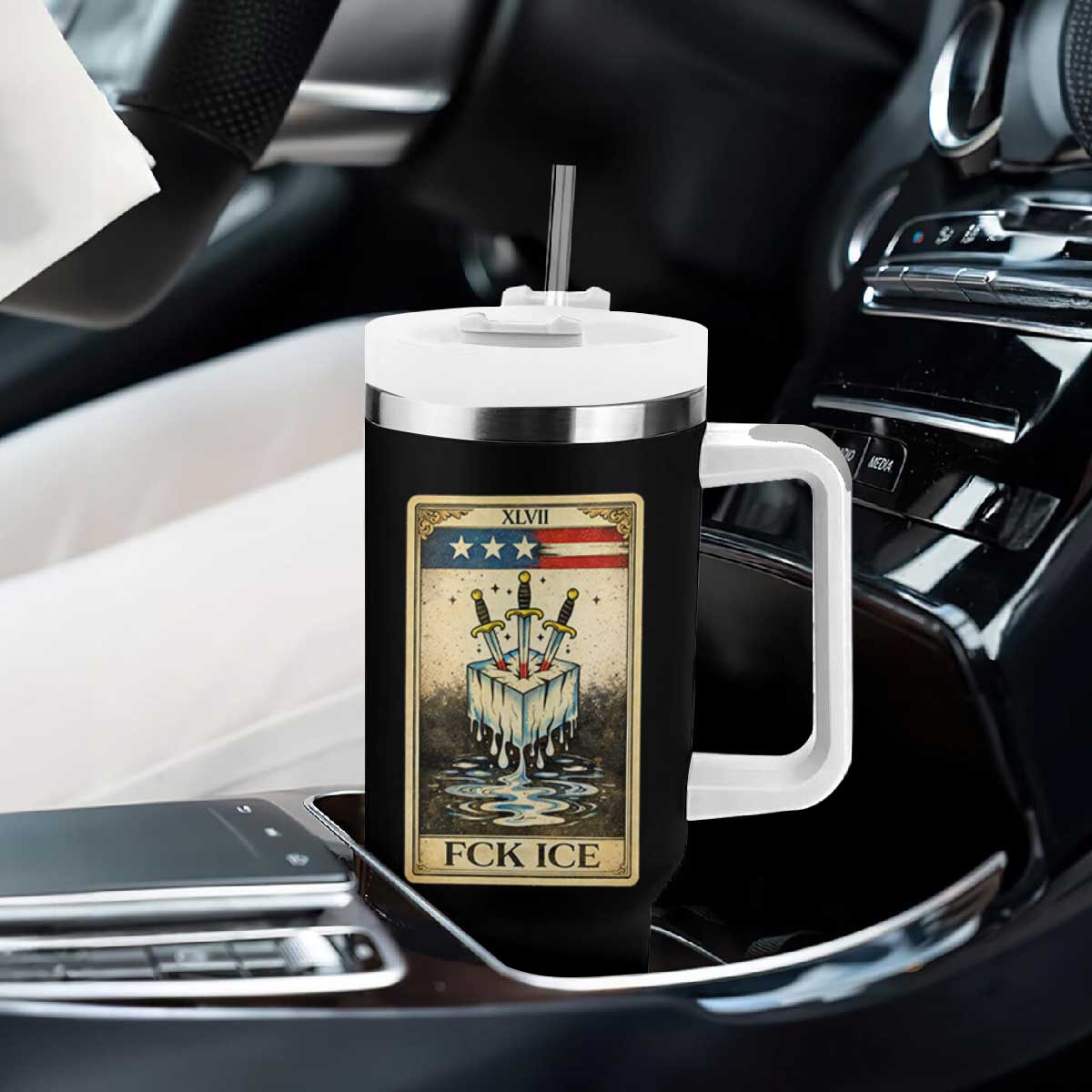 Fck Ice Tumbler With Handle Retro Tarot Card FDT Protest Satirical Graphic TS10 Print Your Wear
