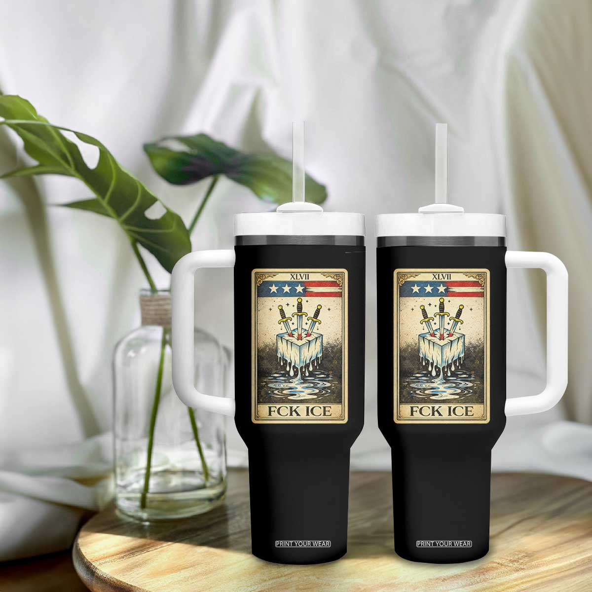 Fck Ice Tumbler With Handle Retro Tarot Card FDT Protest Satirical Graphic TS10 Print Your Wear