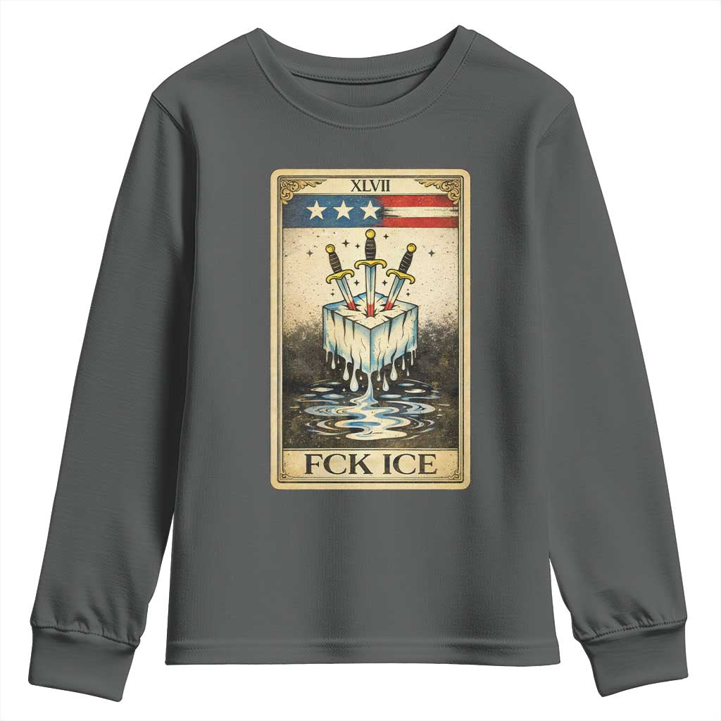 Fck Ice Youth Sweatshirt Retro Tarot Card FDT Protest Satirical Graphic TS10 Dark Heather Print Your Wear