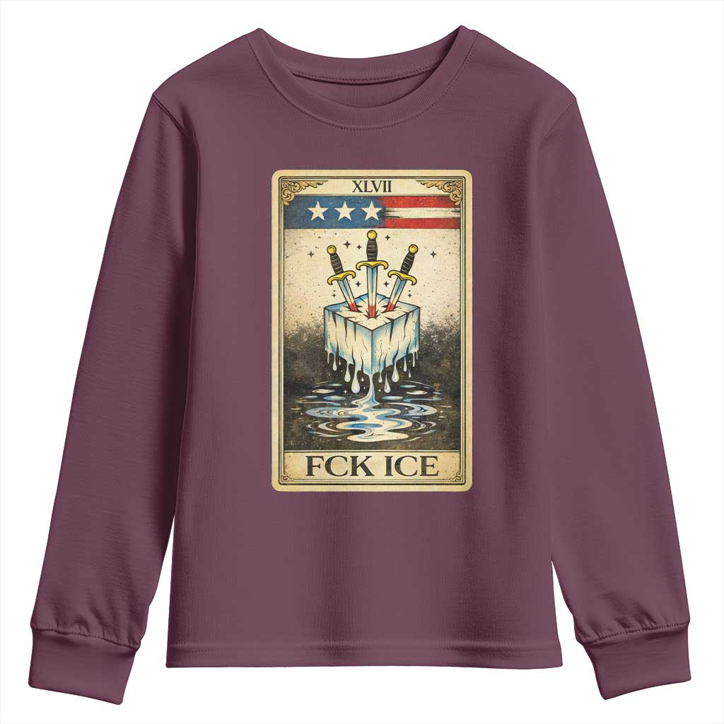 Fck Ice Youth Sweatshirt Retro Tarot Card FDT Protest Satirical Graphic TS10 Maroon Print Your Wear