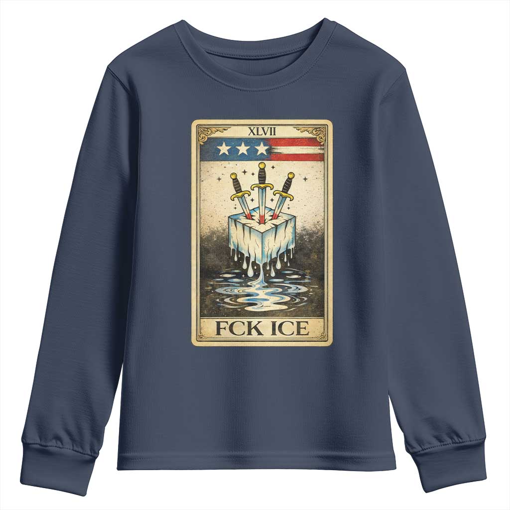 Fck Ice Youth Sweatshirt Retro Tarot Card FDT Protest Satirical Graphic TS10 Navy Print Your Wear
