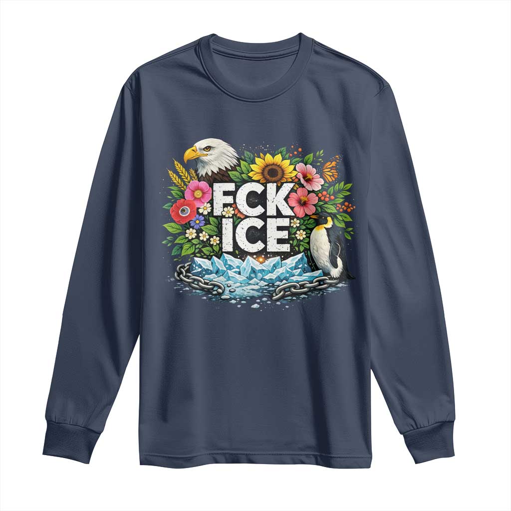 Fck Ice Long Sleeve Shirt Retro Floral FDT Protest Satirical Graphic TS10 Navy Print Your Wear