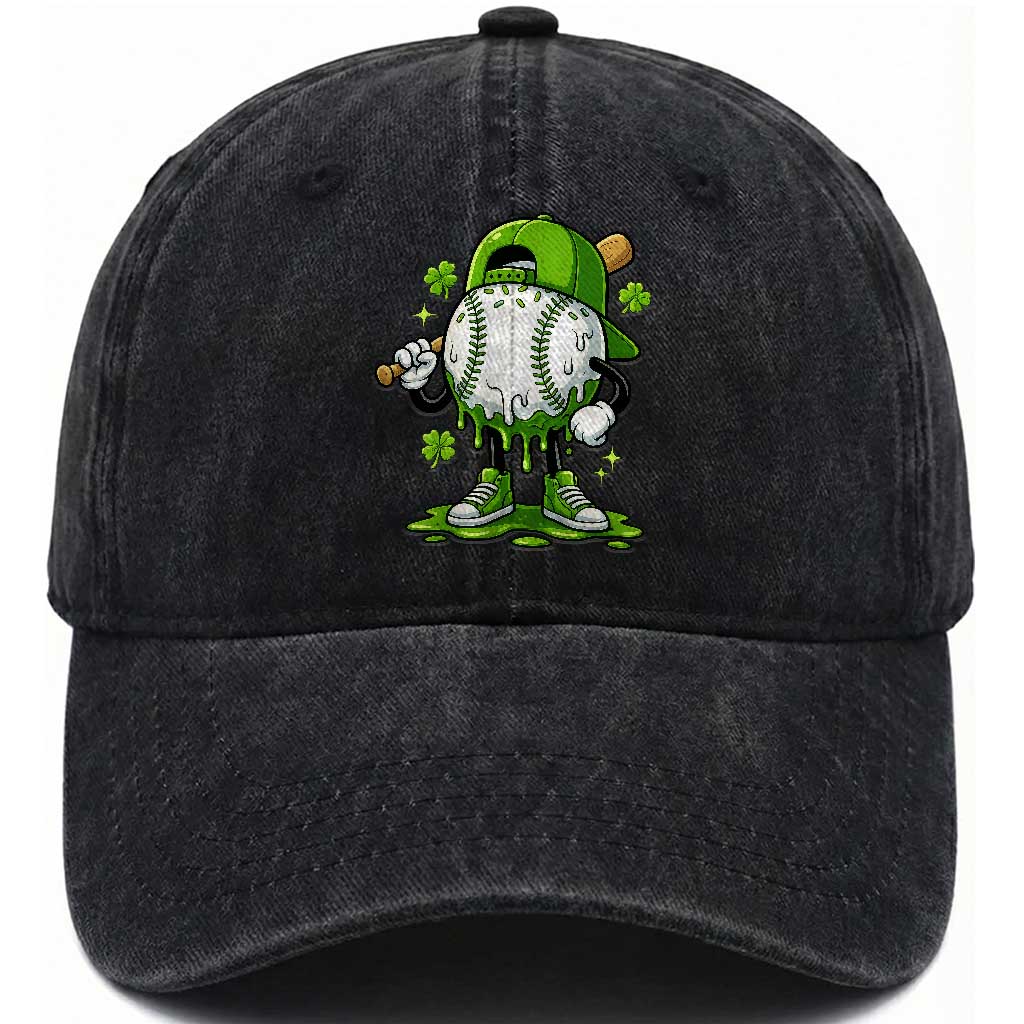Baseball Drip Icecream Washed Cotton Baseball Cap Youth Boy St Patricks Day Shamrock Green TS10 Washed Cap Universal Fit Black Print Your Wear