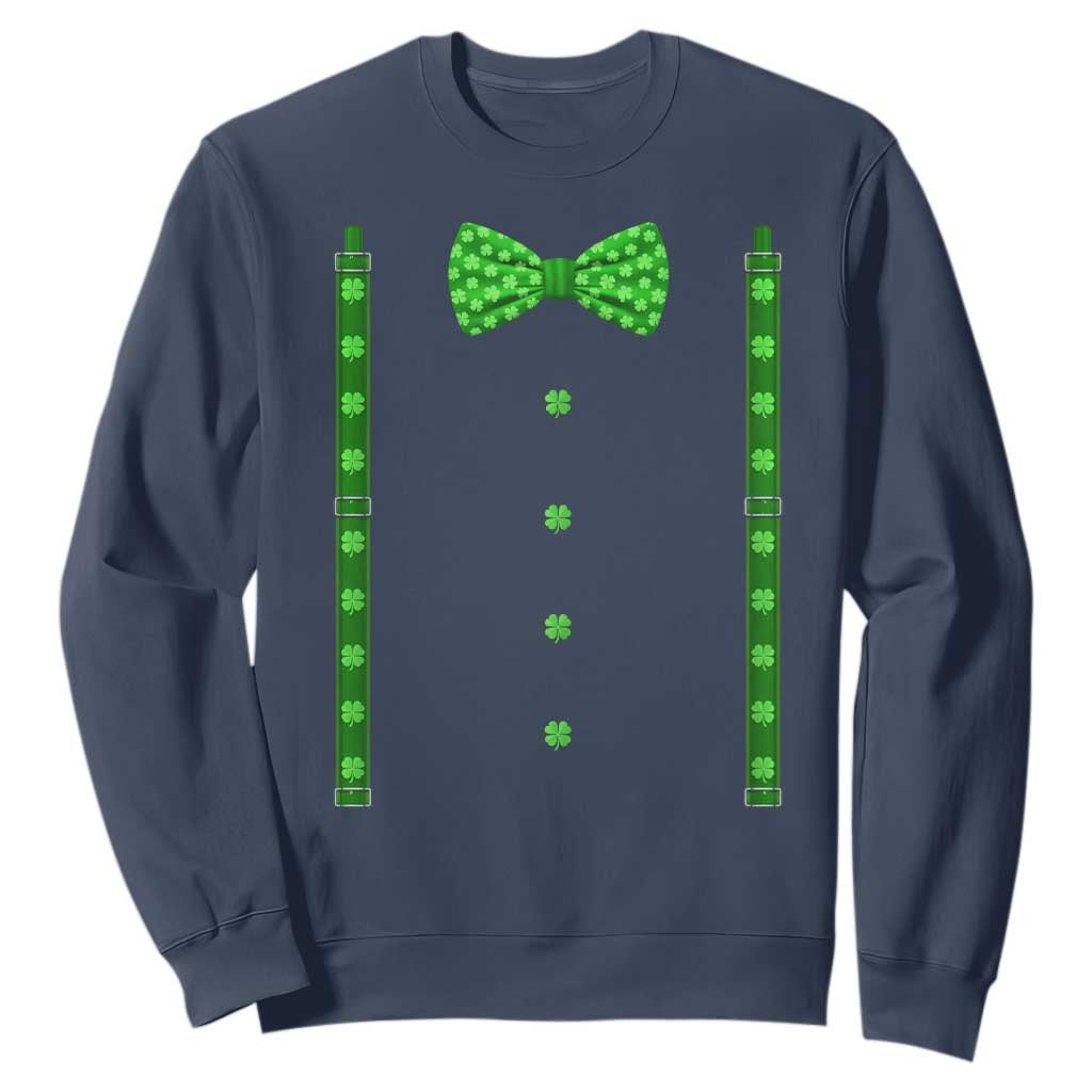 Bow Tie Suspenders St Patricks Day Costume Sweatshirt Funny Irish Shamrock Clovers TS10 Navy Print Your Wear