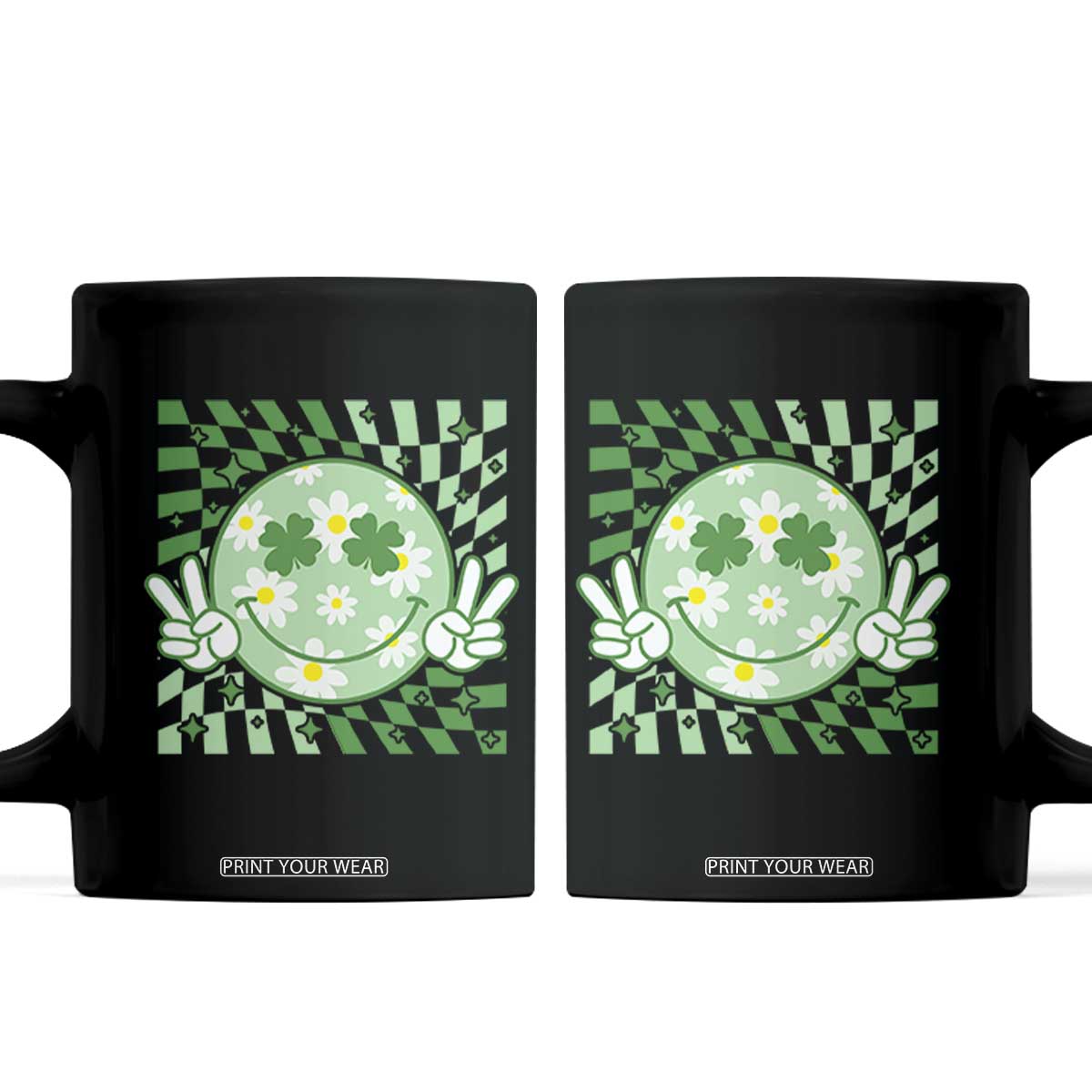 Retro Groovy Shamrock Smile Face St Patricks Day Coffee Mug TS10 Black Print Your Wear