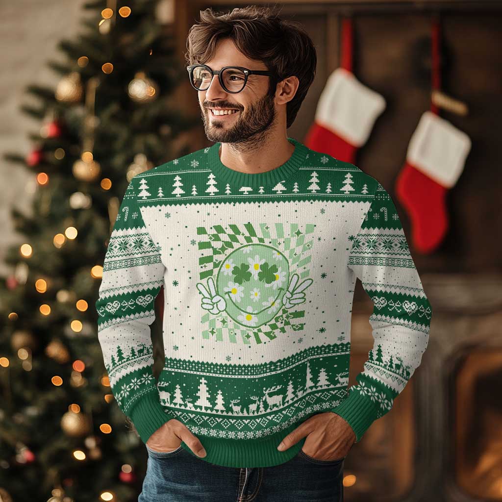 Retro Groovy Shamrock Smile Face St Patricks Day Ugly Christmas Sweater TS10 Beige Green Print Your Wear