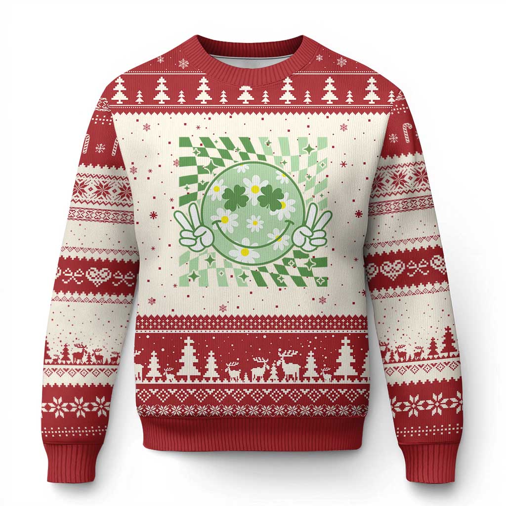 Retro Groovy Shamrock Smile Face St Patricks Day Ugly Christmas Sweater TS10 Beige Red Print Your Wear