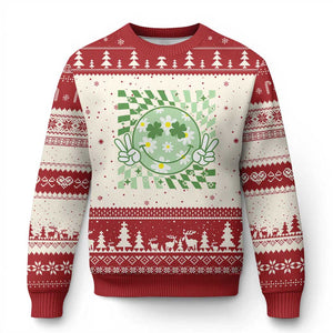 Retro Groovy Shamrock Smile Face St Patricks Day Ugly Christmas Sweater TS10 Beige Red Print Your Wear