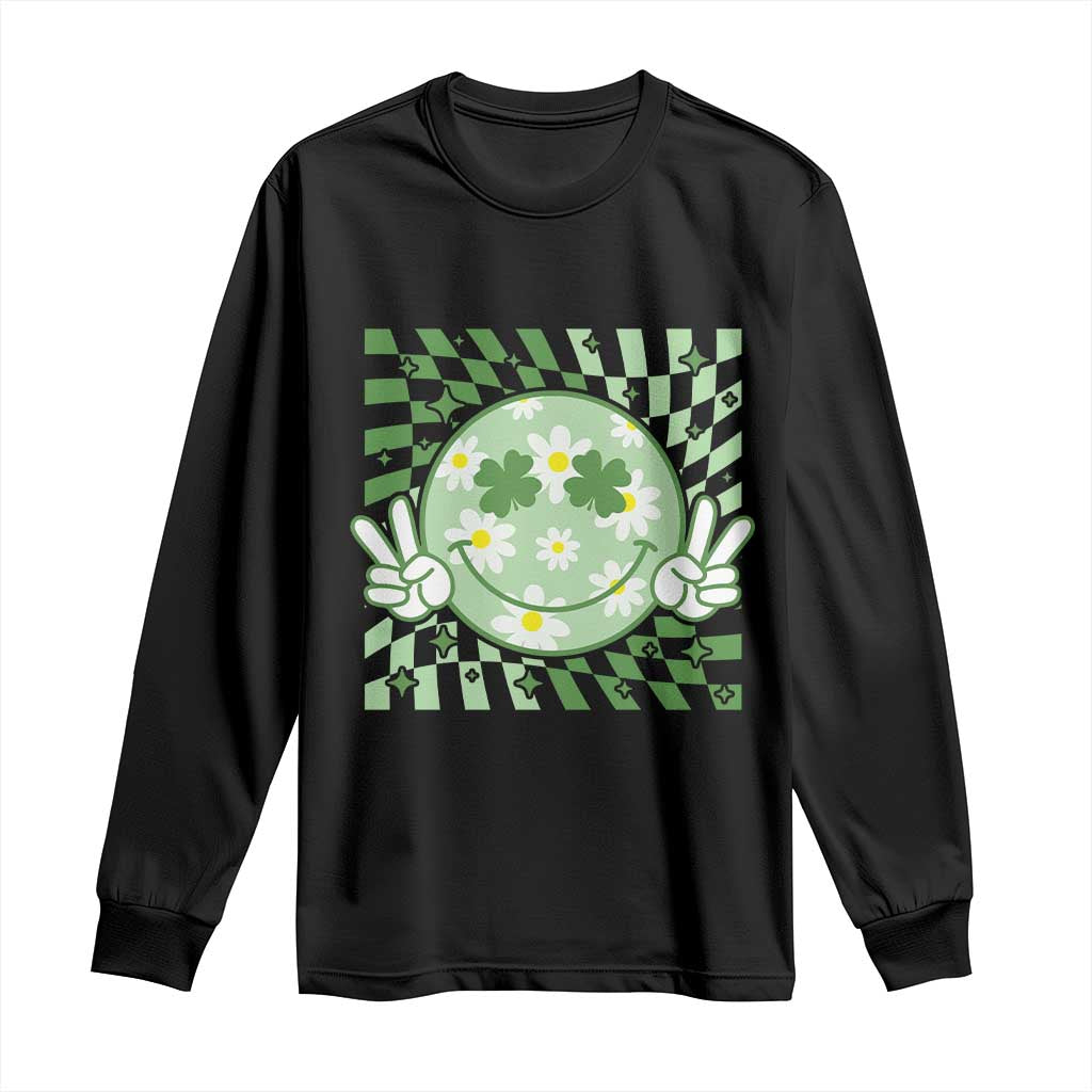 Retro Groovy Shamrock Smile Face St Patricks Day Long Sleeve Shirt TS10 Black Print Your Wear