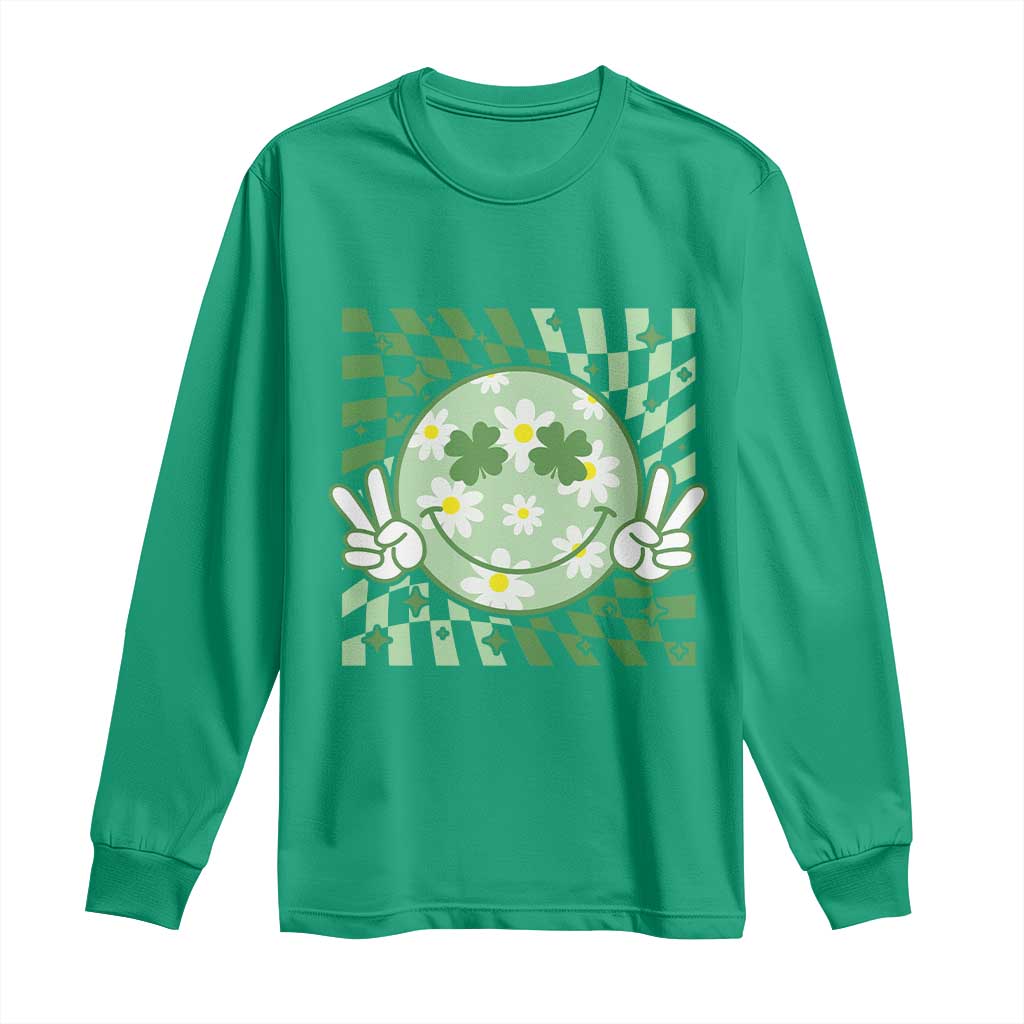 Retro Groovy Shamrock Smile Face St Patricks Day Long Sleeve Shirt TS10 Irish Green Print Your Wear